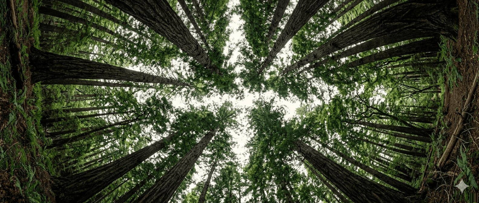 Forest canopy showing crown shyness — trees reaching but not touching