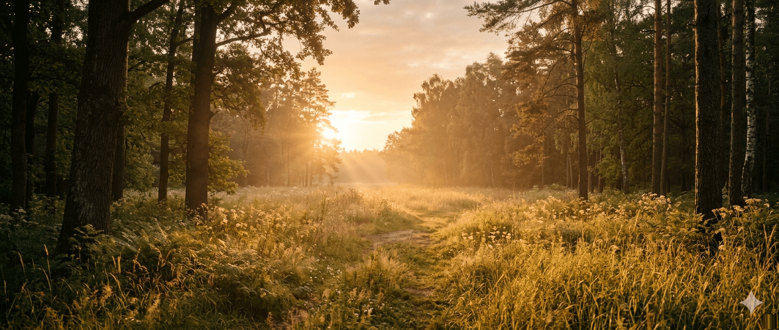 Forest clearing at golden hour