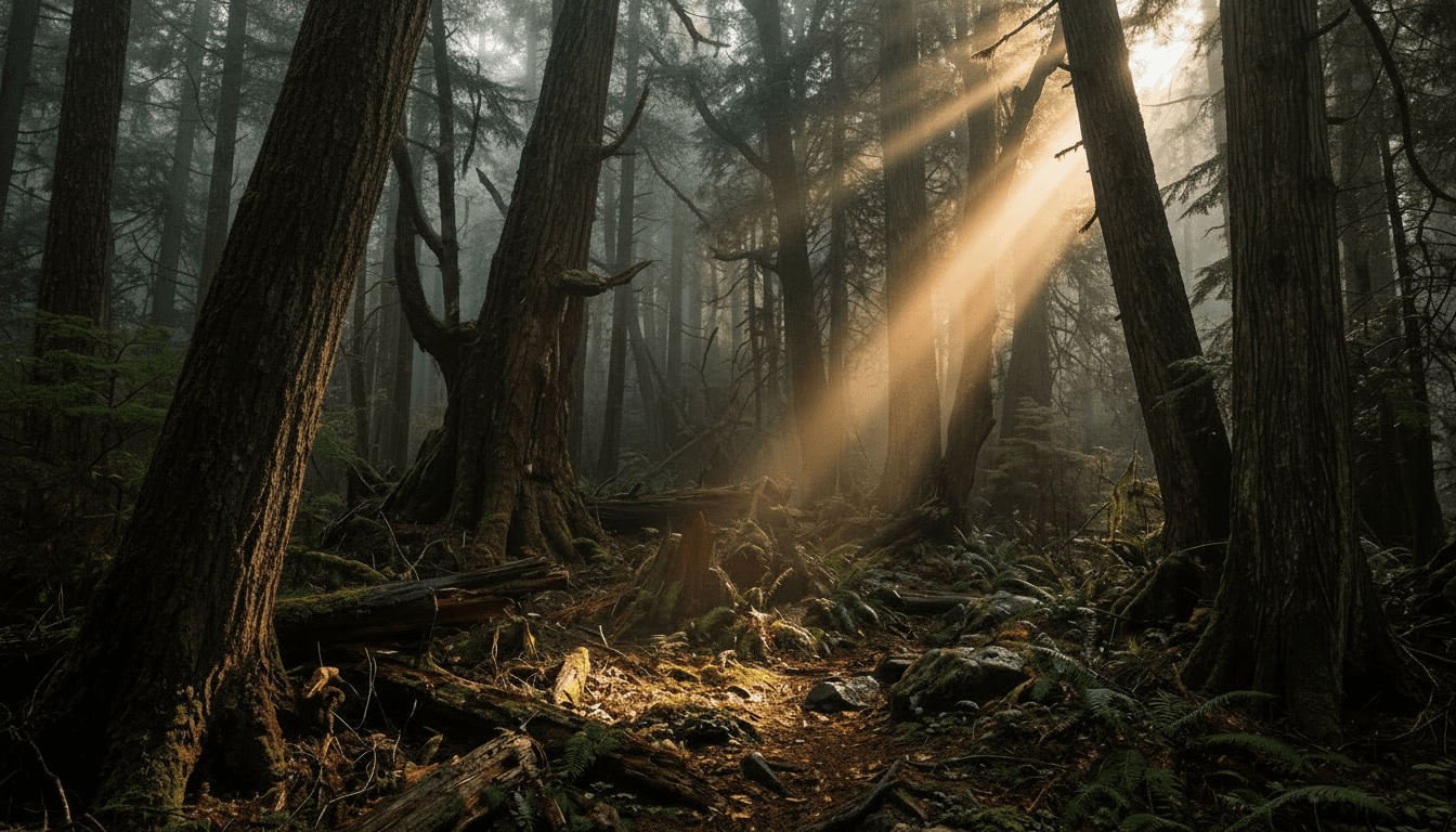 Dense forest with dramatic shafts of light